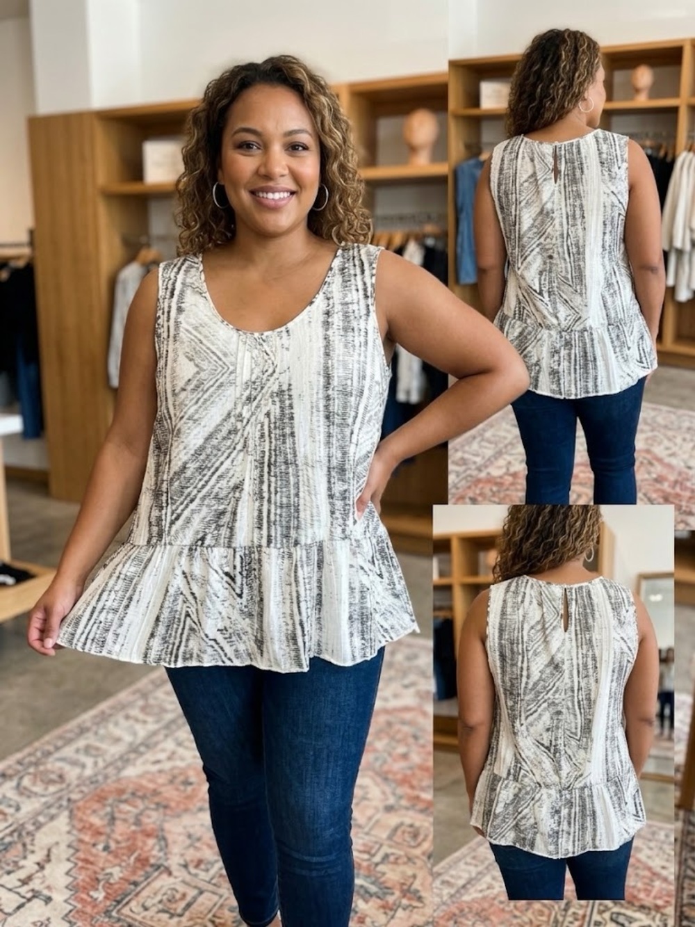 Daisy Fuentes Cream and Black Abstract Peplum Tank